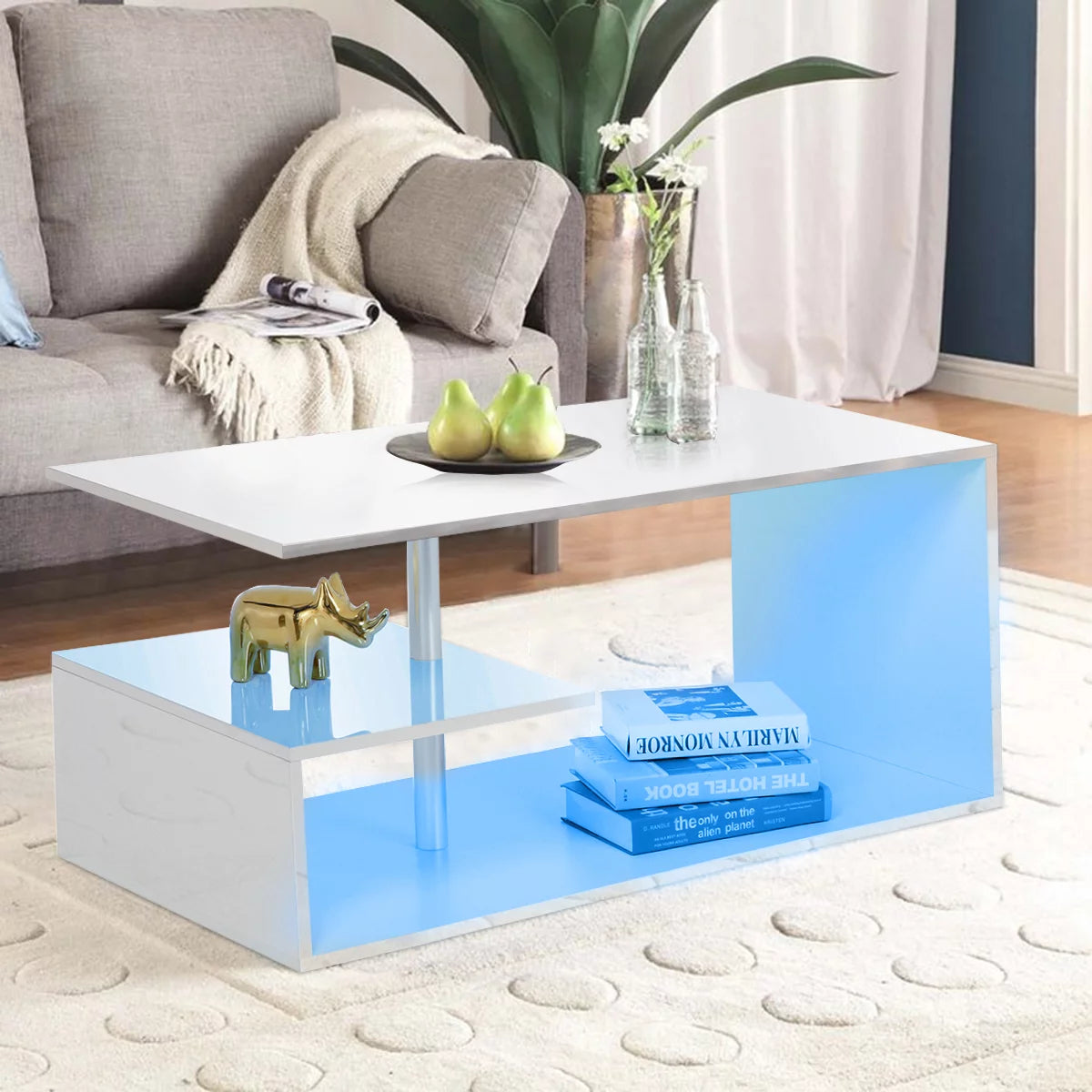 High Gloss Coffee Table with Open Shelf LED Lights Smart APP Control White Center Sofa End Table S Shaped Modern Cocktail Tables with for Living Room