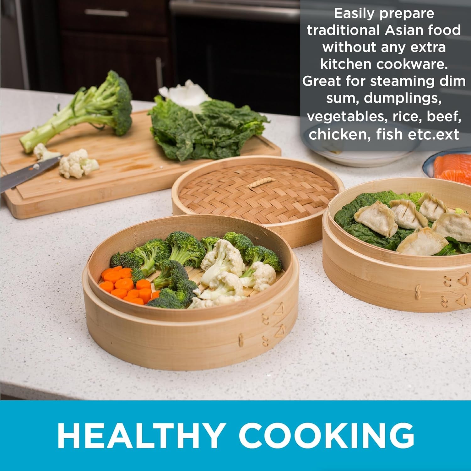 10 Inch Bamboo Steamer for Cooking Vegetables and Dumplings - Classic Traditional 2 Tier Design - Healthy Food Prep - Great for Dim Sum, Chicken, Fish, Veggies - Steam Basket - Natural