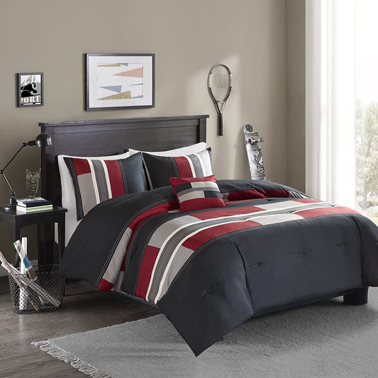 Casual Comforter Set Sporty Design, Vibrant Color, Active Lifestyle Boys Bedroom Décor, All Season Soft Microfiber Bedding Set, Decorative Pillow, Sham Black/Red Queen 4 Piece