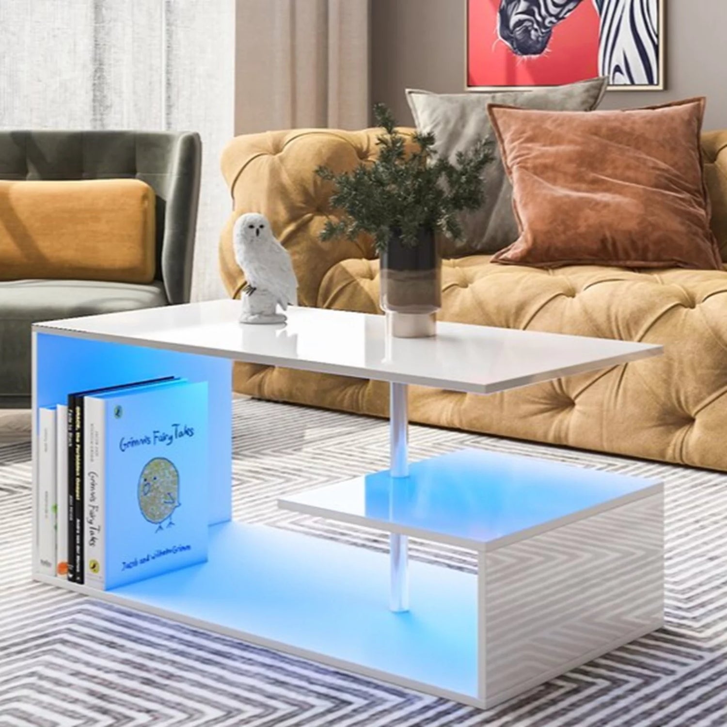 High Gloss Coffee Table with Open Shelf LED Lights Smart APP Control White Center Sofa End Table S Shaped Modern Cocktail Tables with for Living Room