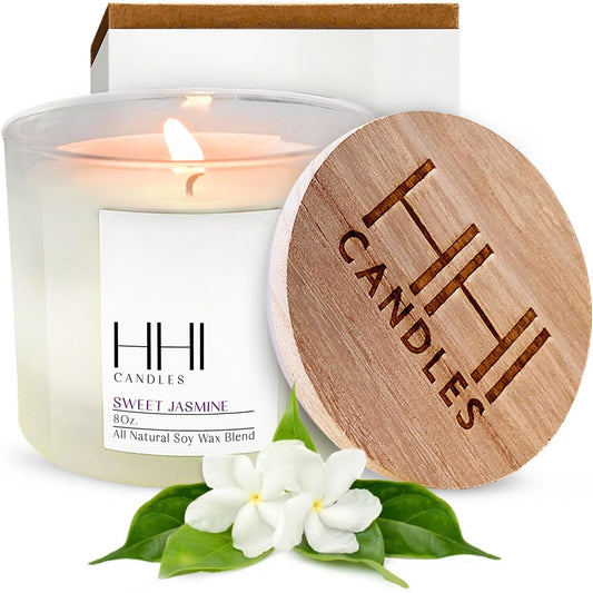 Sweet Jasmine Candle | Scented Soy Candle | a Fresh Blend of Jasmine, Chamomile, and Cedar | Large Eight Ounce Single Wick Luxury Candle | Long Burn Time | Bamboo Lid and Gift Box |