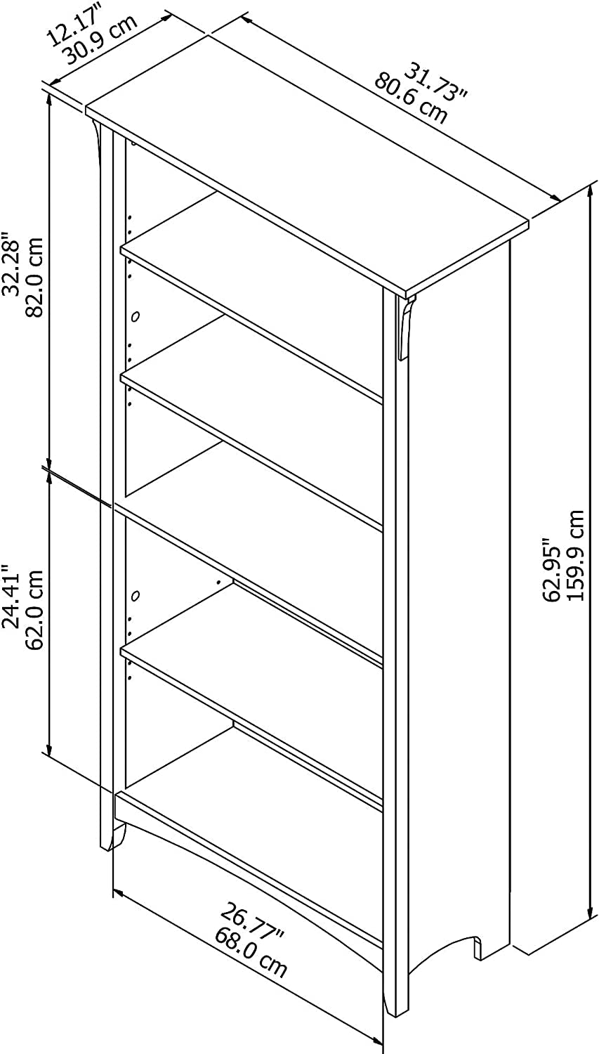 Bush Furniture Salinas Tall 5 Shelf Bookcase in Antique White | Distressed Style Book Case | Bookshelf for Bedroom, Living Room & Pantry | Tall Bookcase | Book Shelf for Bedroom