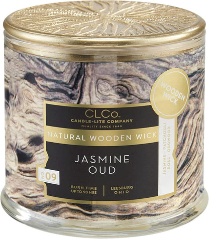 Clco. by  Company Jasmine Oud Wood Wick Candle, 14 Oz Scented Aromatherapy Candle, Glass Jar, 90 Hours Burn Time, Brown