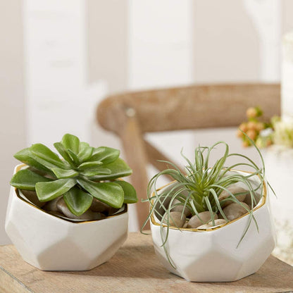 Geometric Ceramic Planters Decorative Bowls, Small & Medium (Set of 2) , White