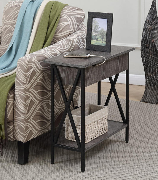 Tucson Flip Top End Table with Charging Station and Shelf, Weathered Gray