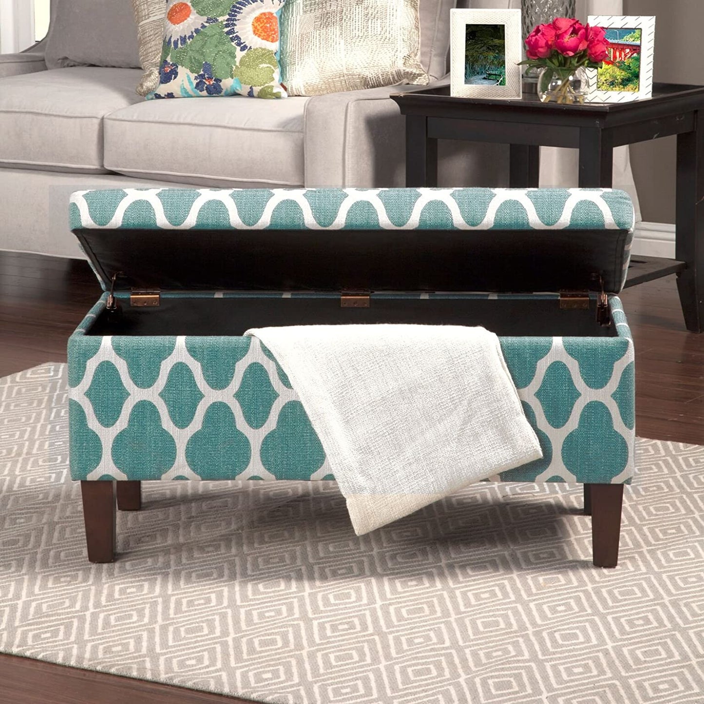 Large Upholstered Rectangular Storage Ottoman Bench with Hinged Lid, Teal Blue Geometric