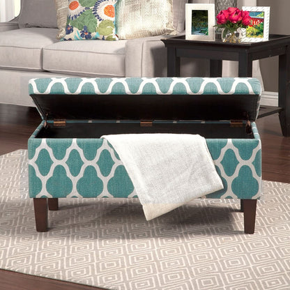 Large Upholstered Rectangular Storage Ottoman Bench with Hinged Lid, Teal Blue Geometric