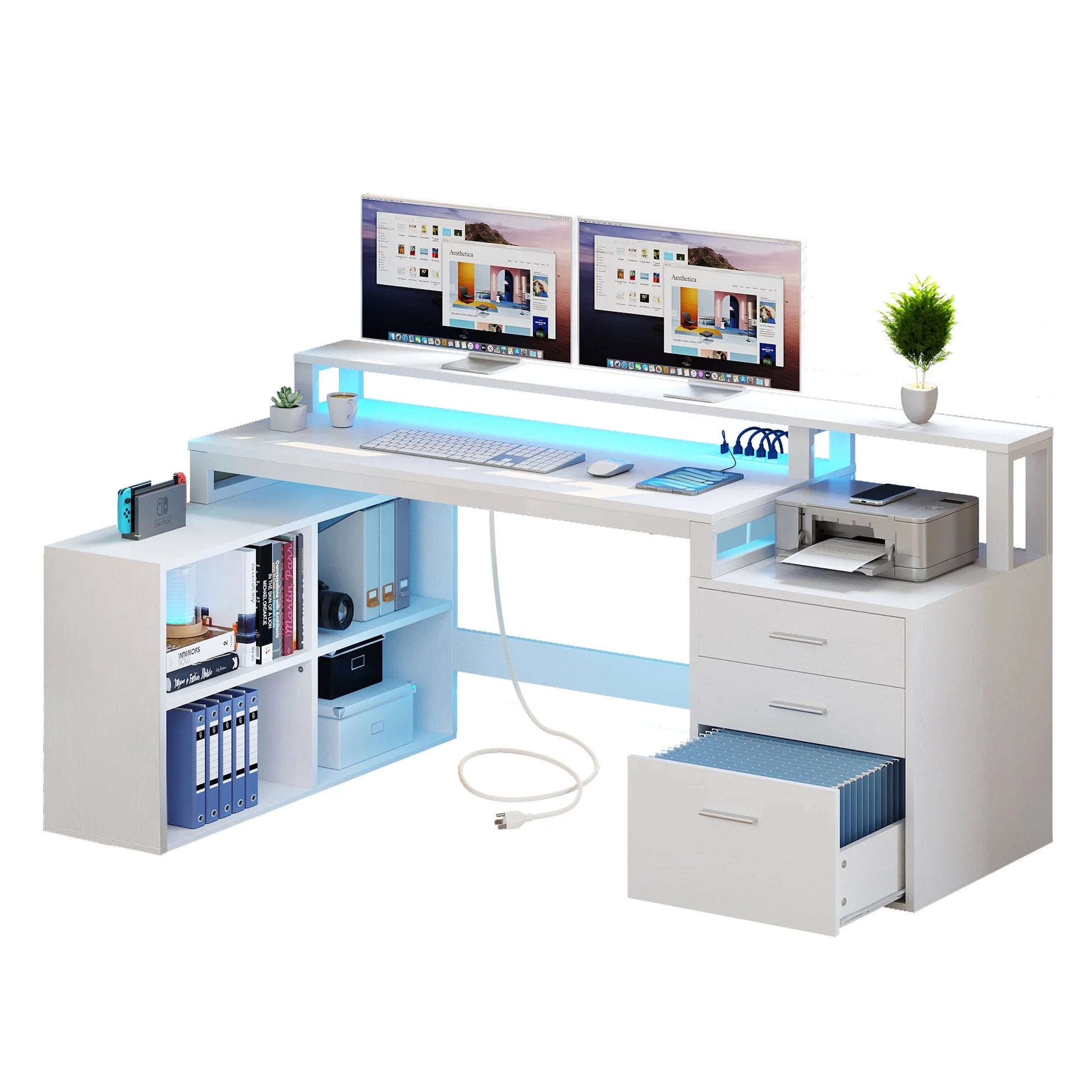 65" L Shaped Desk with Power Outlets and Monitor Stand , Computer Desk with LED Light &File Cabinet, Corner Desk with 3 Drawers & 4 Open Storage Shelves, Modern Home Office Desk, White