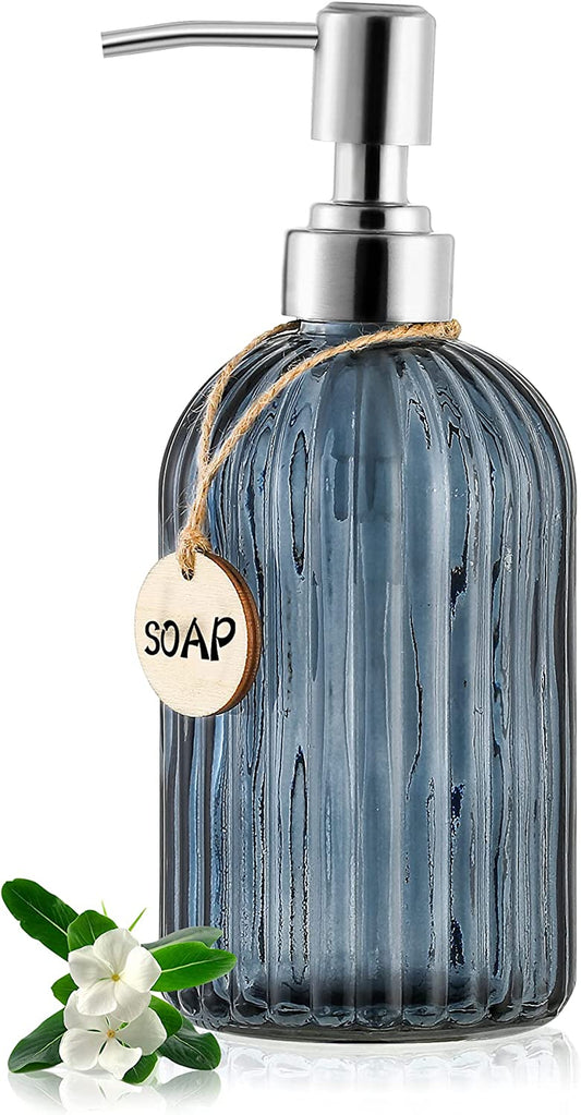 16 OZ Soap Dispenser，Tempered Glass Clear Vertical Stripe with 304 Rust Proof Stainless Steel Pump Refillable Liquid Hand Soap Dispenser，For Bathroom, Kitchen, Dish Soap，Lotion (Blue Grey)