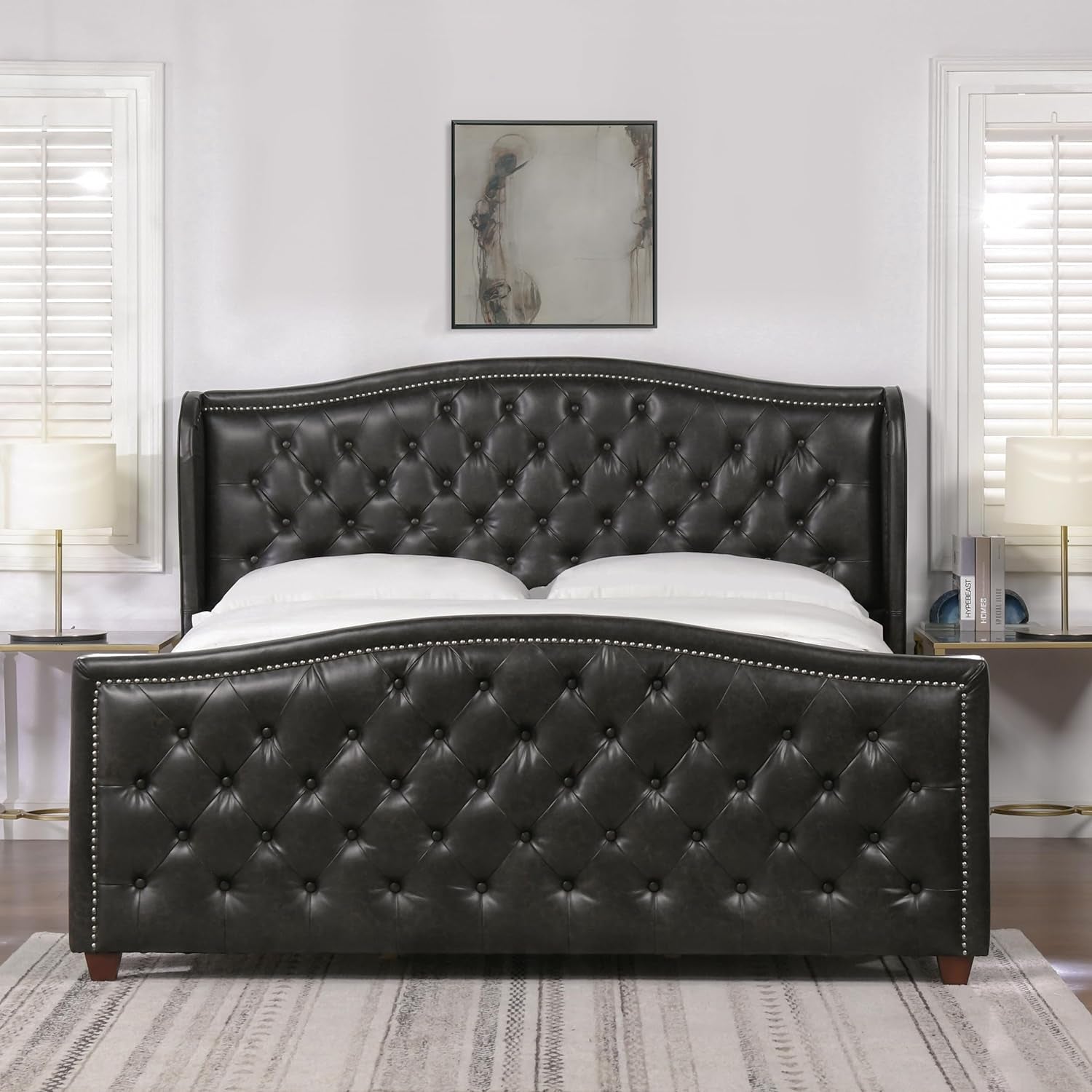 Marcella Upholstered Shelter Headboard Bed Set, King, Vintage Black Brown Faux Leather