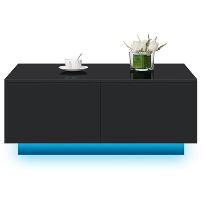 Modern Coffee Table with 4 Drawers LED Center Cocktail Table Black High Gloss Finish