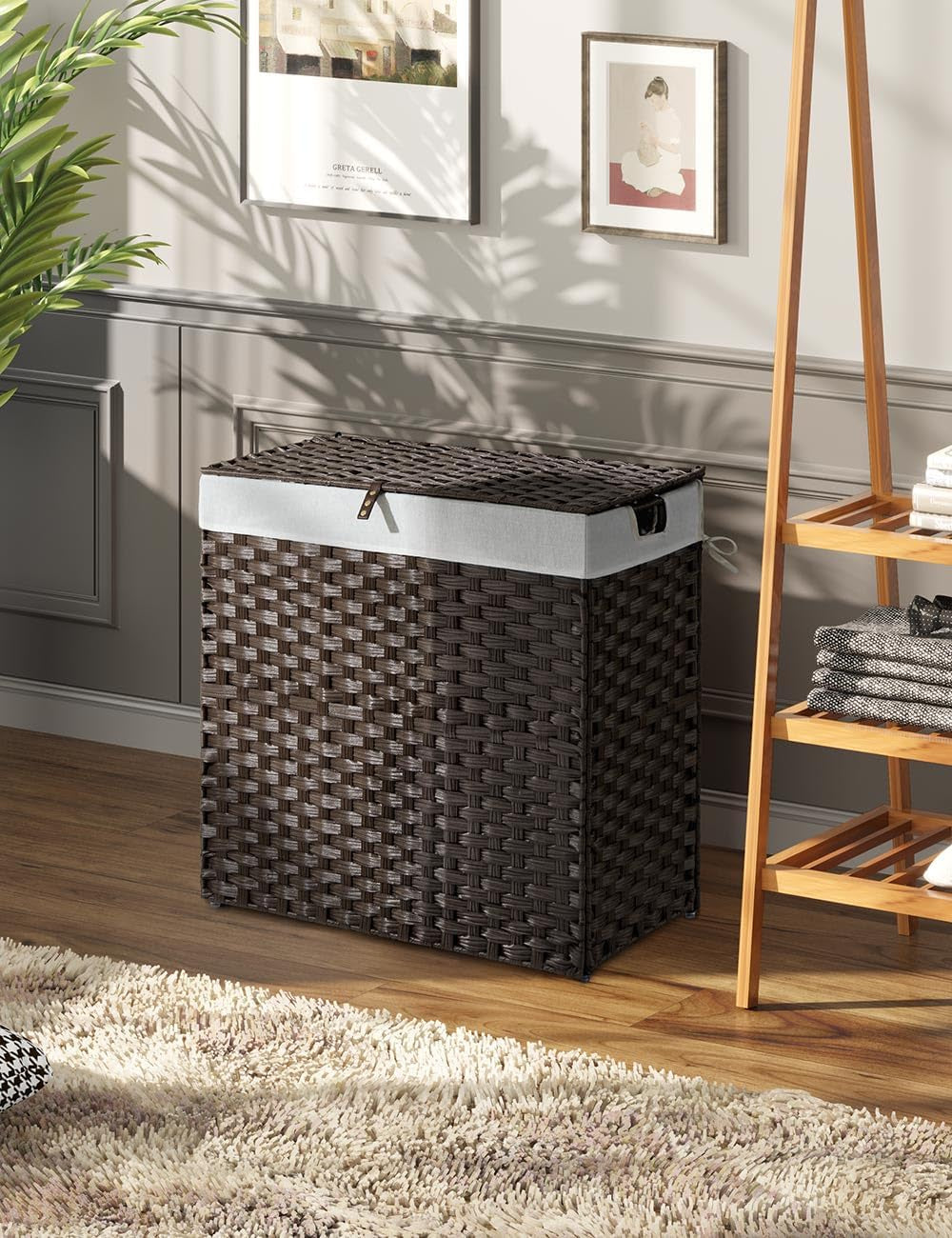 Laundry Hamper with Lid, No Install Needed, 90L Wicker Laundry Baskets Foldable 2 Removable Liner Bags, 2 Section Clothes Hamper Handwoven Rattan Laundry Basket with Handles, Brown