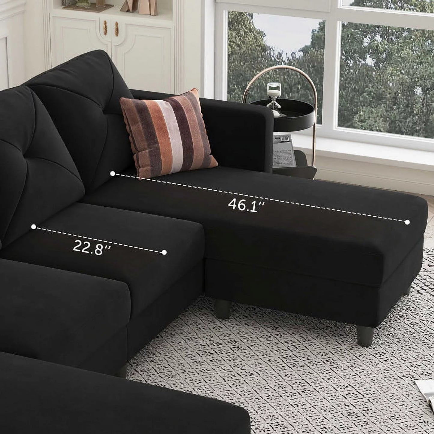 Modern Sectional Couch with Tufted Back Cushions and Ottoman for Living Room, Black