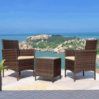 3 Pieces Patio Furniture Sets Outdoor PE Rattan Wicker Chairs with Soft Cushion and Glass Coffee Table for Garden Backyard Porch Poolside, Brown and Beige