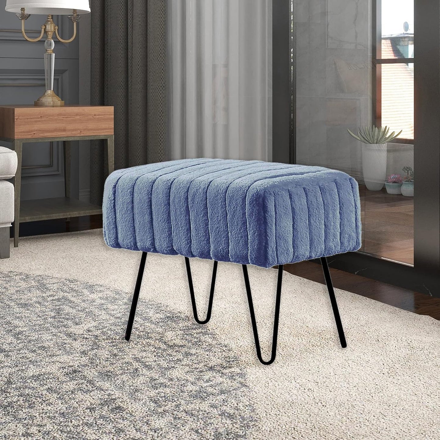 Super Mink Faux Fur Blue Ottoman Bench 19" X 13" X 17", Blue Mirage, Living Room Foot Rest Stool Entryway Makeup Bench End of Bed Bedroom Home Decor Chair for Sitting