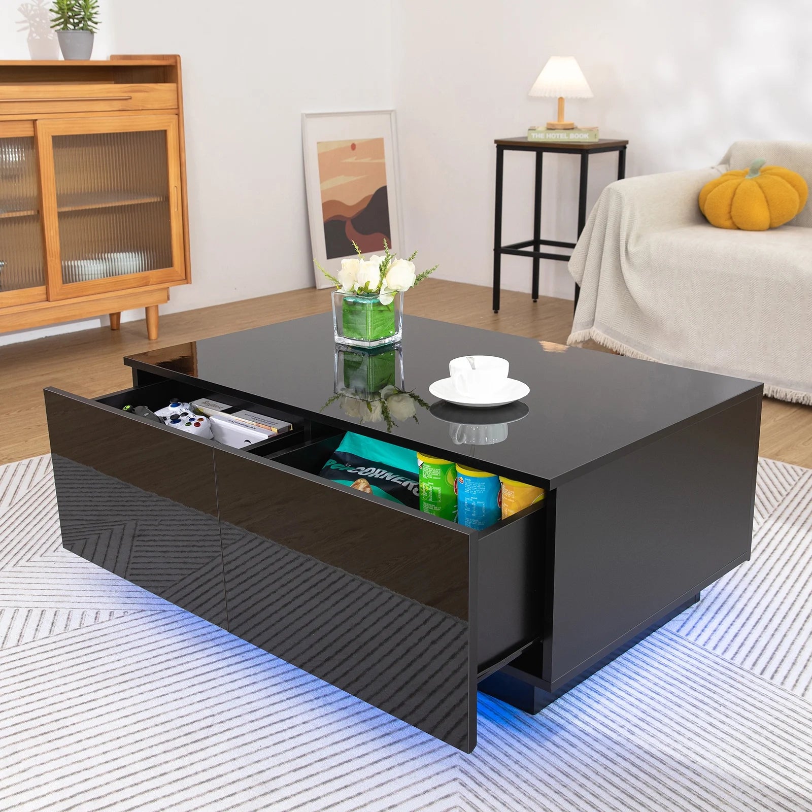 Modern Coffee Table with 4 Drawers LED Center Cocktail Table Black High Gloss Finish