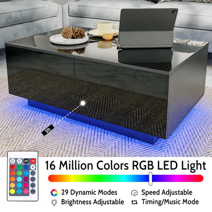 Modern Coffee Table with 4 Drawers LED Center Cocktail Table Black High Gloss Finish