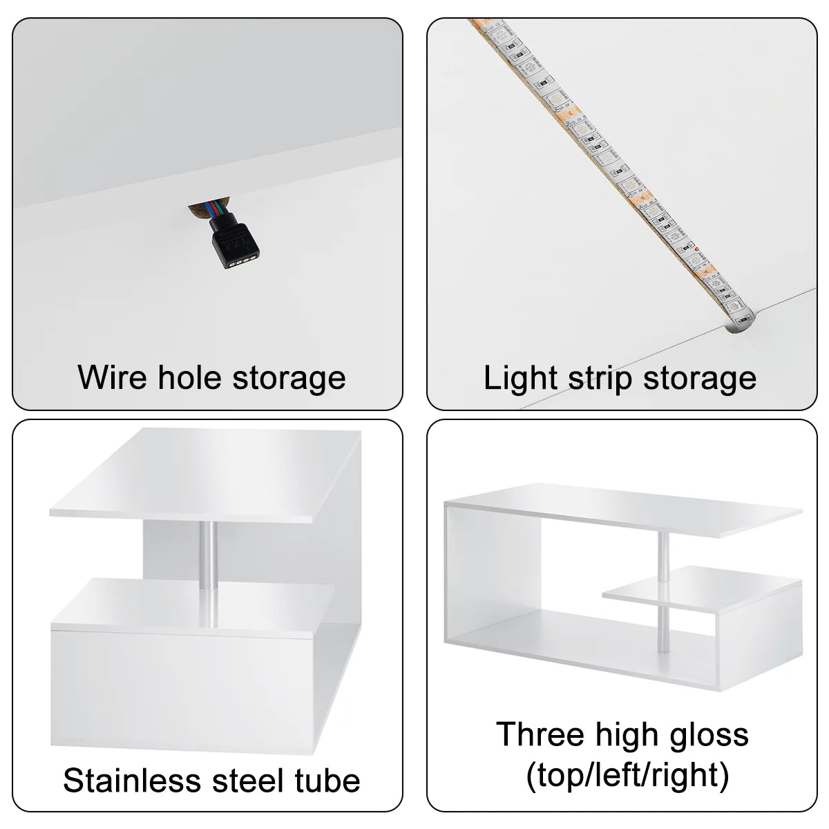 High Gloss Coffee Table with Open Shelf LED Lights Smart APP Control White Center Sofa End Table S Shaped Modern Cocktail Tables with for Living Room