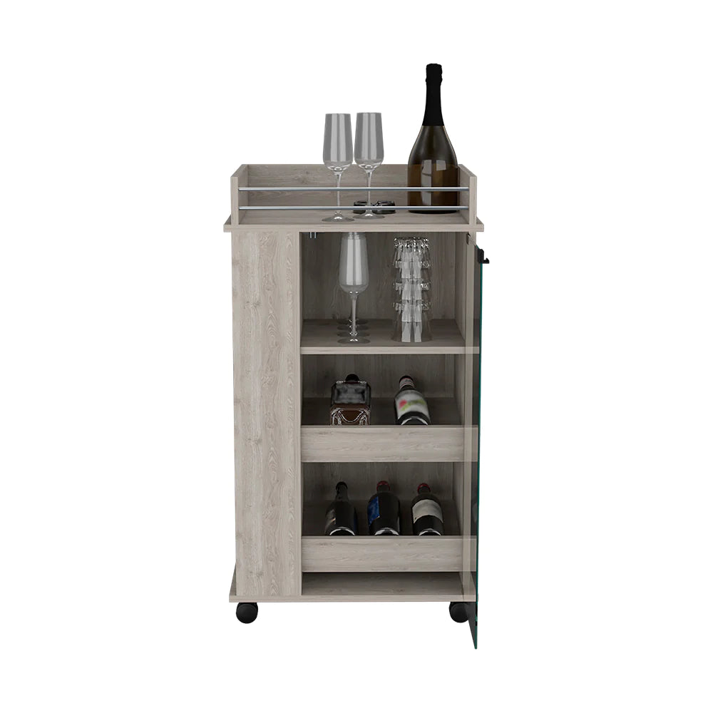 Bar Cart with Two-Side Shelves Beaver, Glass Door and Upper Surface, Light Gray Finish