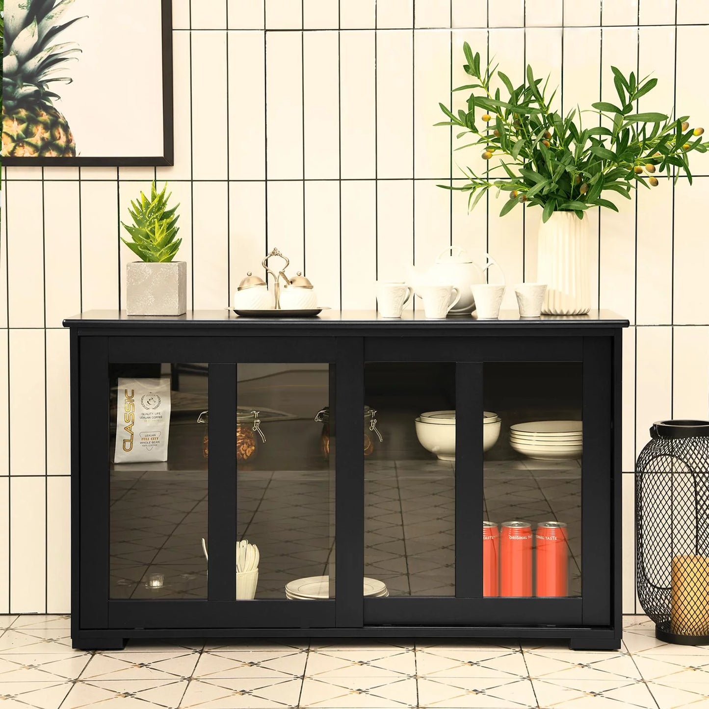 Stackable Buffet Cabinet, Kitchen Storage Cabinet with Sliding Tempered Glass Doors, Small Sideboard for Kitchen, Dining Room or Living Room, Black