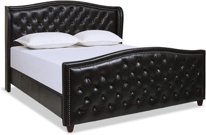 Marcella Upholstered Shelter Headboard Bed Set, King, Vintage Black Brown Faux Leather