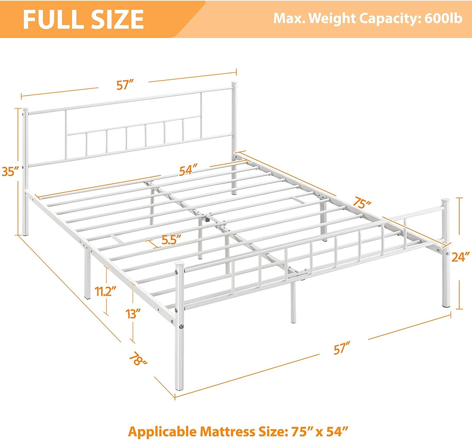 13 Inch Full Size Metal Bed Frame with Headboard and Footboard Platform Bed Frame with Storage No Box Spring Needed Mattress Foundation for Adult White