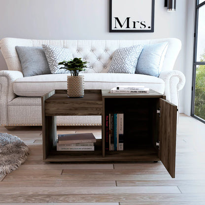 Coffee Table Dext, Single Door Cabinet, One Open Shelf, Dark Walnut Finish