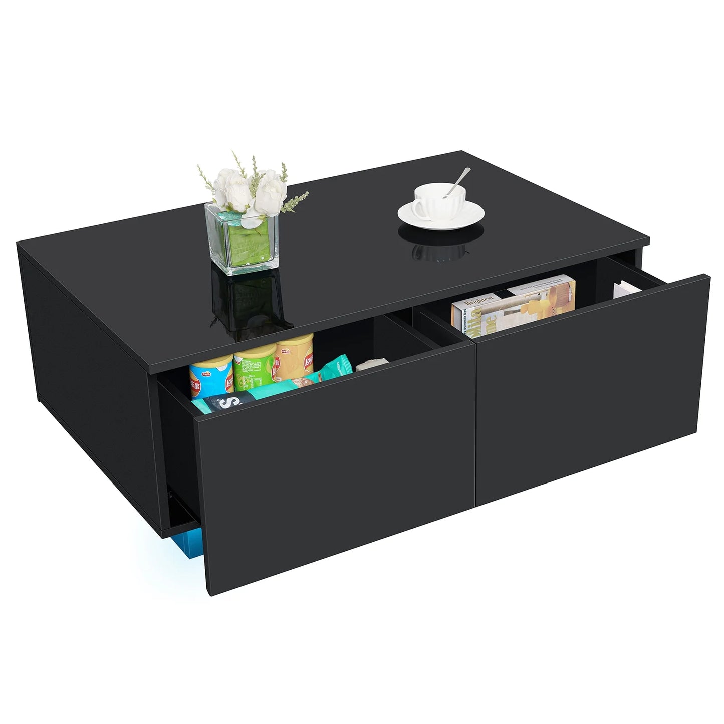 Modern Coffee Table with 4 Drawers LED Center Cocktail Table Black High Gloss Finish