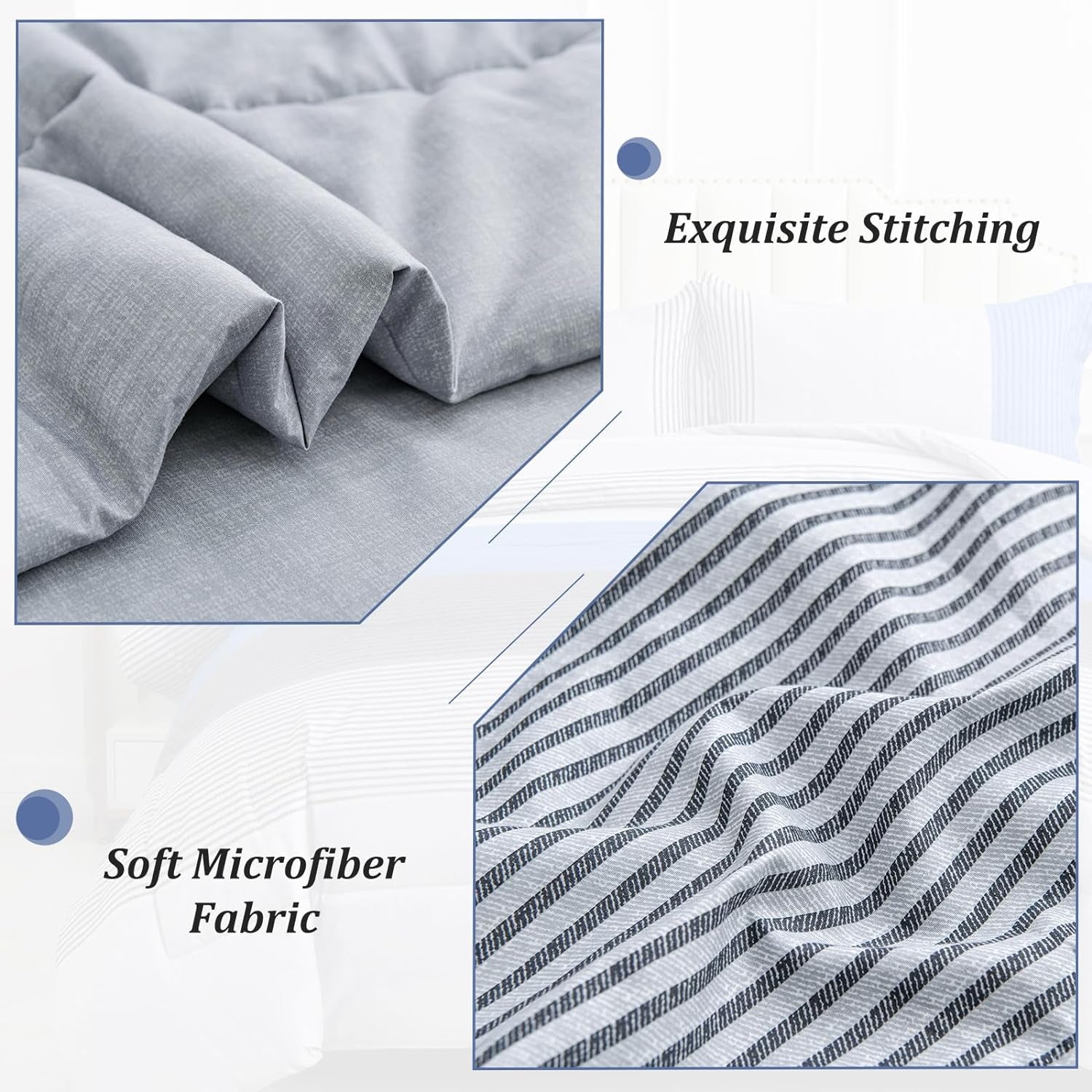 Blue Comforter Set Queen, Reversible Blue Grey Striped Patchwork Alternative Comforter for Queen Bed,3 Pieces (1 Comforter+2 Pillowcases), Soft Microfiber Bedding Duvet Set 90"×90"