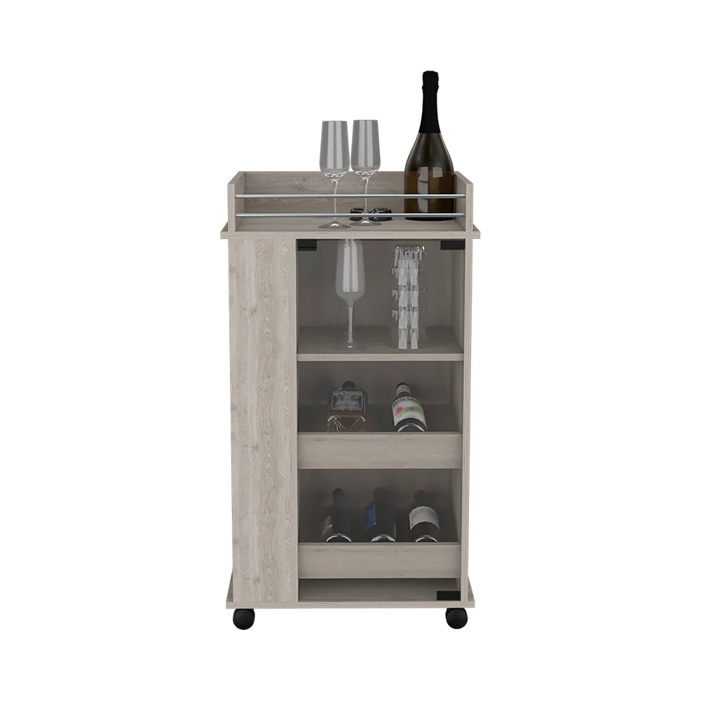 Bar Cart with Two-Side Shelves Beaver, Glass Door and Upper Surface, Light Gray Finish