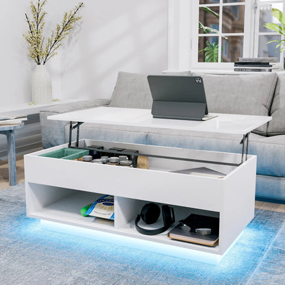 Lift Top Coffee Table with Hidden Compartment High Gloss White Coffee Tables LED Center Rising Cocktail Table for Living Room Accent Furniture