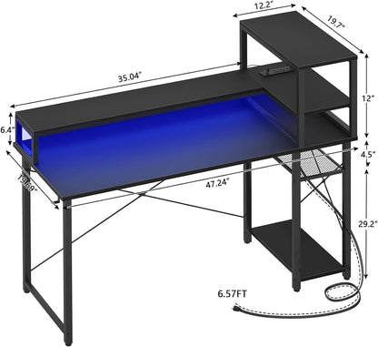 Gaming Desk with Power Outlet and USB Ports, 47 Inch Ergonomic Computer Desk with LED Strip and Monitor Stand, Reversible Small Desk Office Desk Writing Desk with Storage Shelf, Black